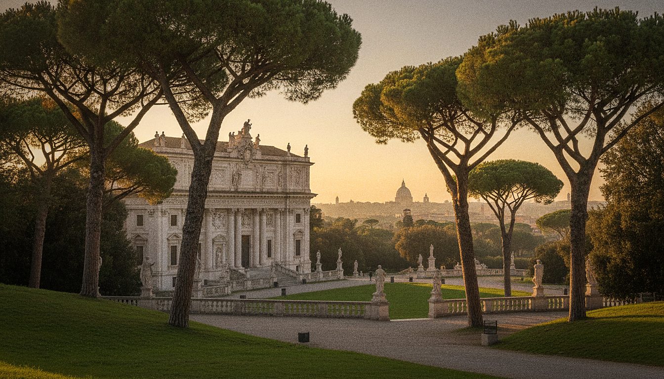 Edificio barroco del Museo Borghese entre pinos piñoneros dentro del parque de Villa Borghese