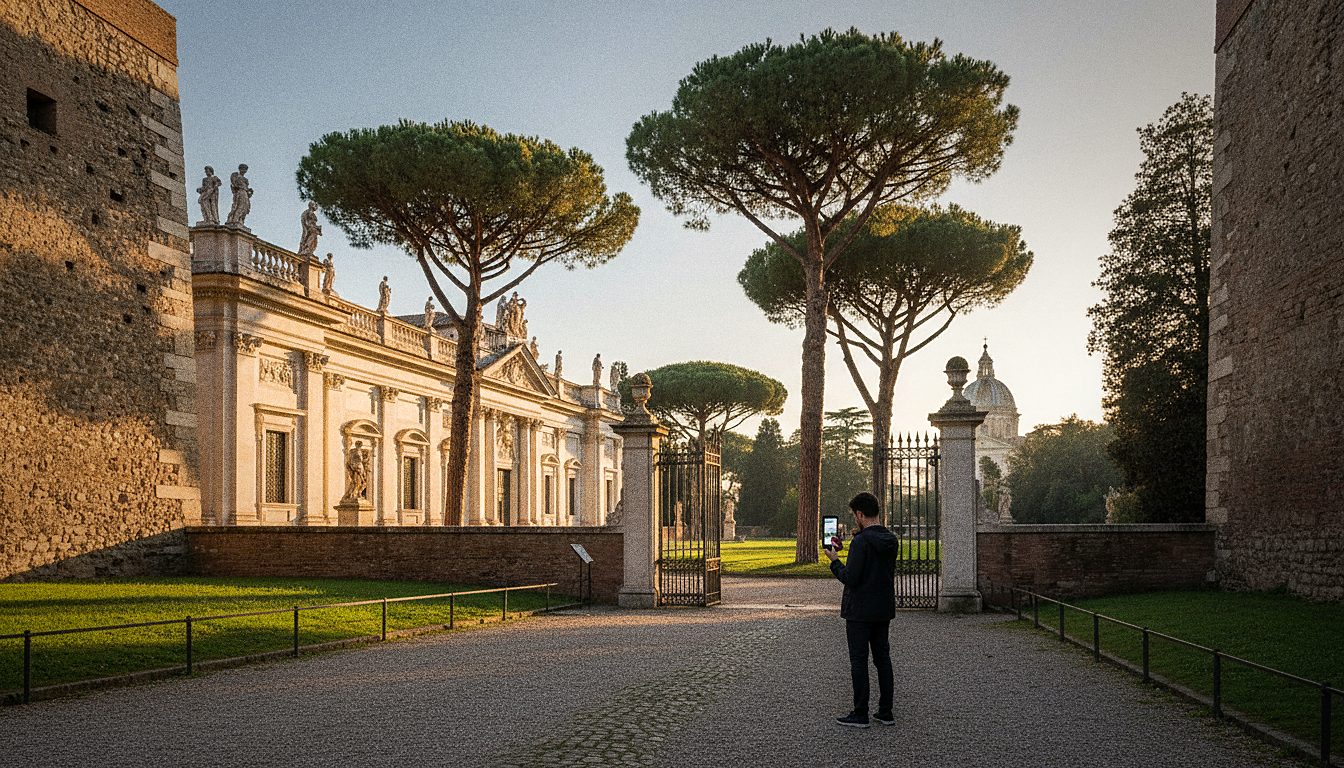 Visitante mostrando su entrada reservada en el acceso al turno horario del Museo Borghese, Roma