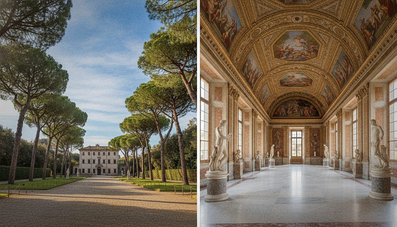 Sala interior del Museo Borghese con esculturas de mármol de Bernini bajo techos decorados con frescos