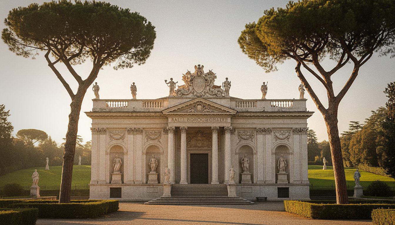 Fachada barroca del Museo Borghese vista desde el jardín, con visitantes esperando la entrada de su turno